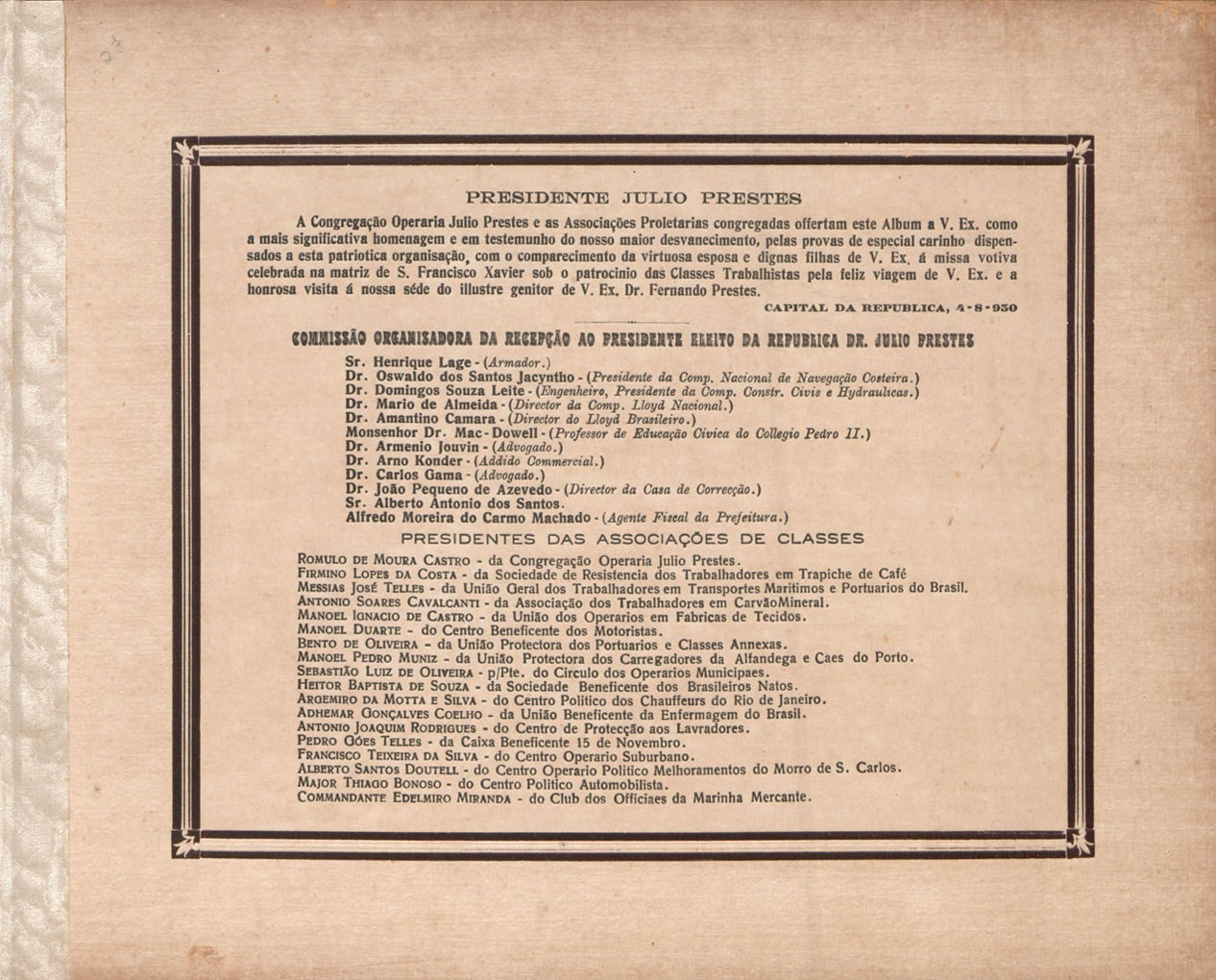 Homenagem da Congregação Operária Júlio Prestes 1. Coleção Júlio Prestes. MIS